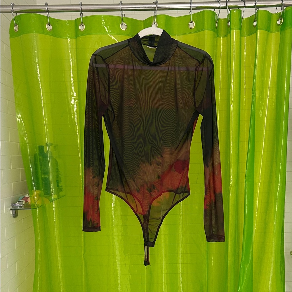 Noisy May Sheer Black Mesh Bodysuit with Red Tie-Dye Accents